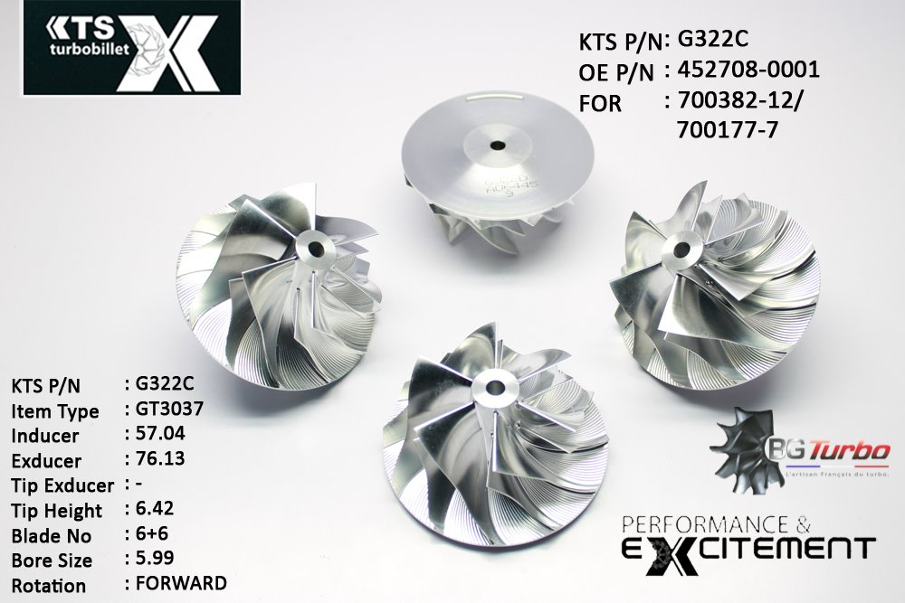 Turbo ROUE FORGÉE MFS PERFORMANCE - 6+6 PALES - INDUCER : 57,04 - EXDUCER : 76,13 - TYPE : GT3037ANGLE : 45° - ROTATION : Forward - SUPER BACK : 2,36 - BORE SIZE : 5,99
